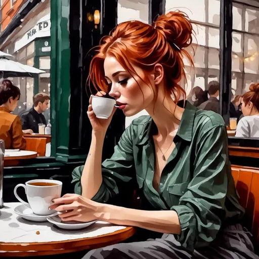 Prompt: <mymodel>ink sketch of woman drinking tea at a cafe. Hair up in a messy bun, loose bun, wavy hair