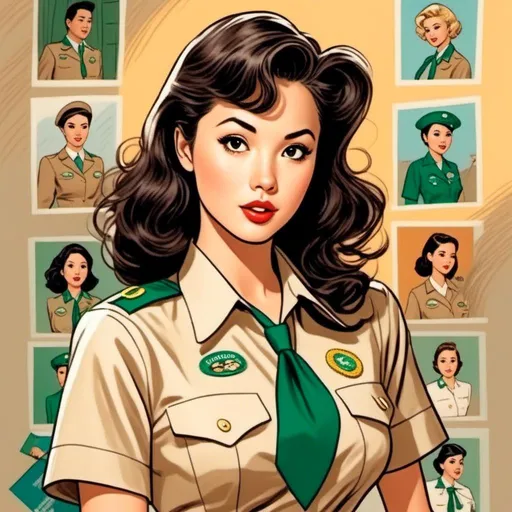 Prompt: <mymodel>A comic book illustration in the style of Peter Hsu of a woman wearing a girl scout uniform.
