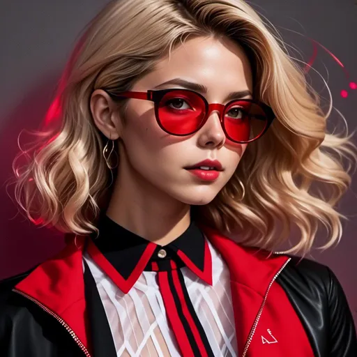 Prompt: <mymodel> Blonde hair, Red framed horn rimmed glasses with bright reflections on the lenses, and red and black layered shirts. using only black, red, and white.  Background is black with neon red vapoerwave designs.