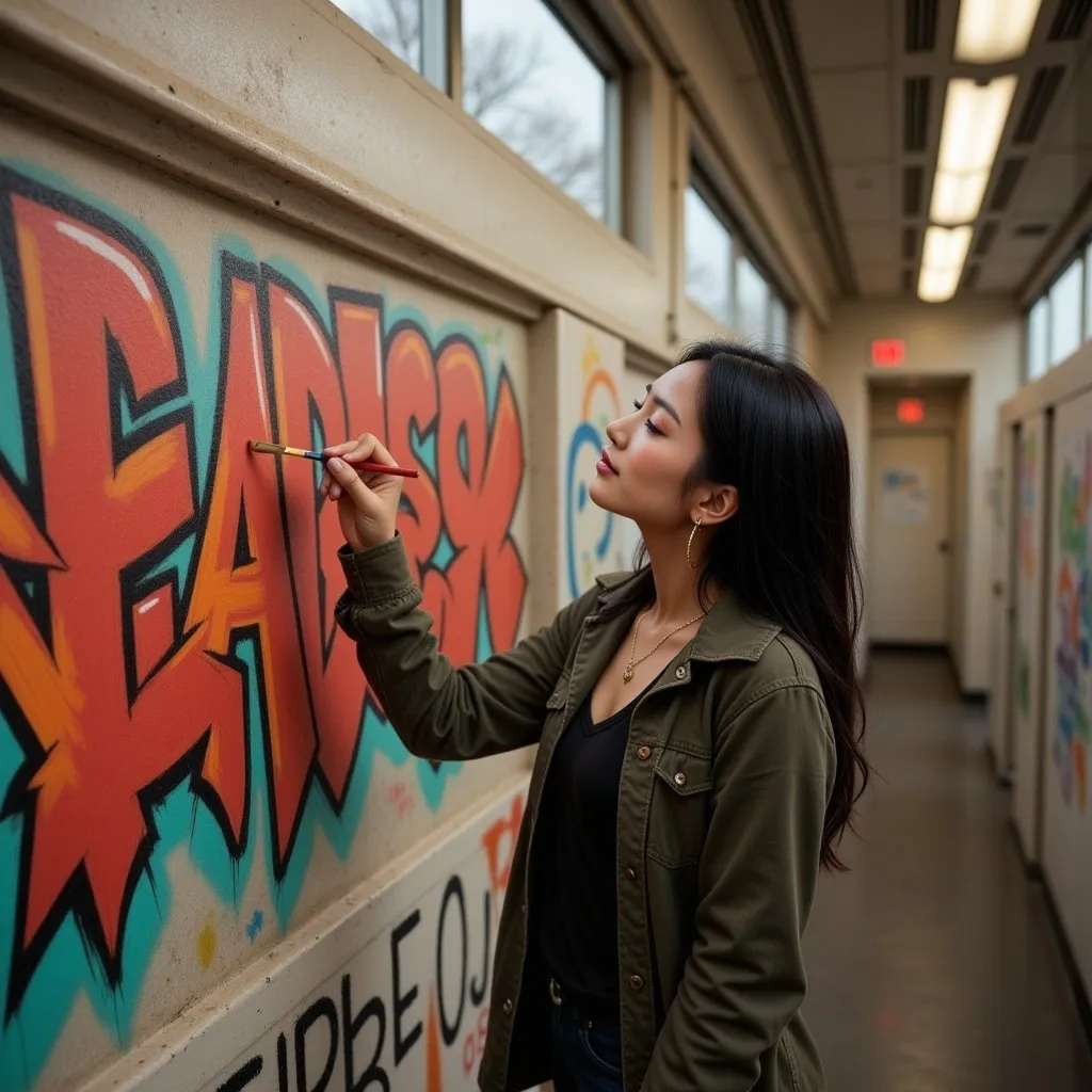 Prompt: Woman creating art using graffiti techniques, often on walls, trains, or urban surfaces.