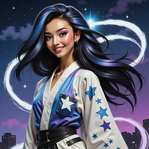 Prompt: mad-mdrnmnmlsm painting of a cyberpunk woman wearing a white and blue leather kimono in front of a sparkling stylized stars, long black hair, flowing hair, windblown hair, smiling, paint splashes, outrun, black and purple night sky <lora:modern-minimalism-flux:1.0> brush_stroke