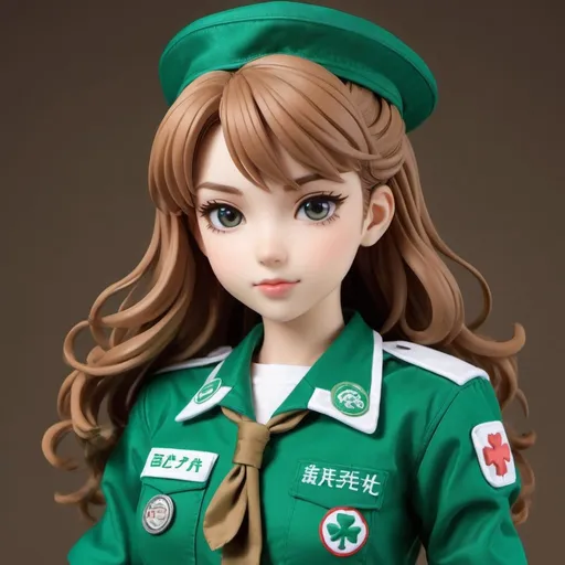 Prompt: A coffee table book illustration in the style of a Kotobukiya Zoids model of a woman in a girl scout type uniform.