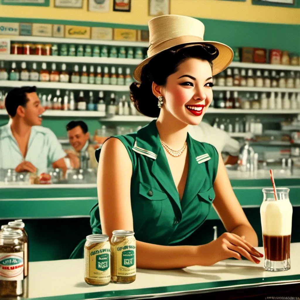 Prompt: <mymodel> Drinking a malt shake in a drug store soda counter, no hat, short skirt. 50's editorial color illustration