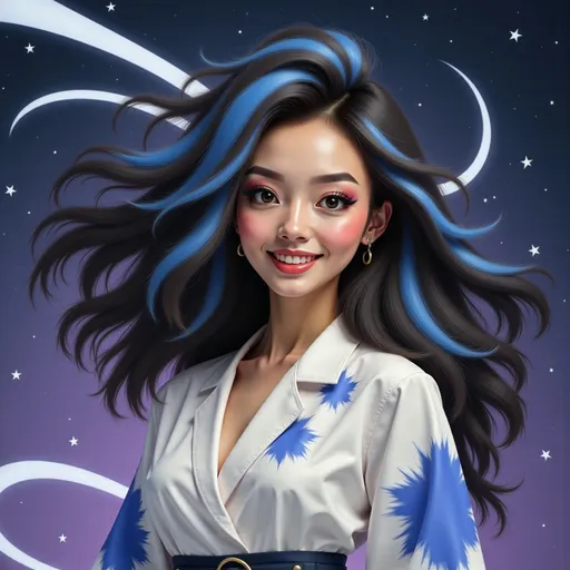 Prompt: mad-mdrnmnmlsm painting of a cyberpunk woman wearing a white and blue leather kimono in front of a sparkling stylized stars, long black hair, flowing hair, windblown hair, smiling, paint splashes, outrun, black and purple night sky <lora:modern-minimalism-flux:1.0> brush_stroke