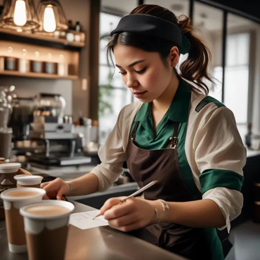 Prompt: <mymodel>woman is working as a barista and writing on a paper cup