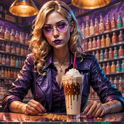 Prompt: <mymodel> Drinking a malt shake in a drug store soda counter. Pop Art color illustration