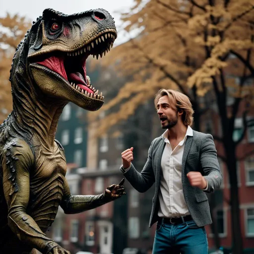 Prompt: <mymodel>attractive man and T-Rex react emotionally toward each other