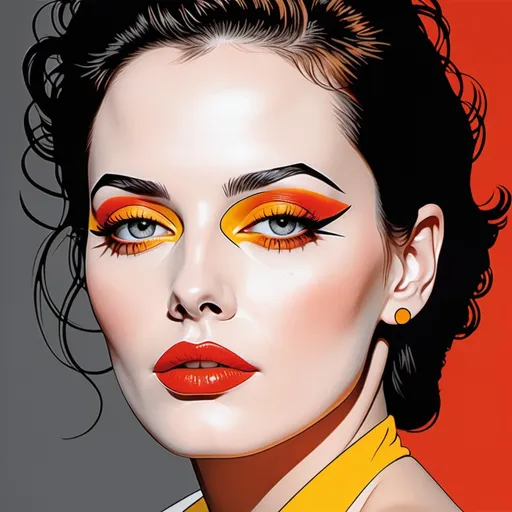 Prompt: Patrick Nagel style, image of a woman's face using only black, white, red, orange, and yellow.