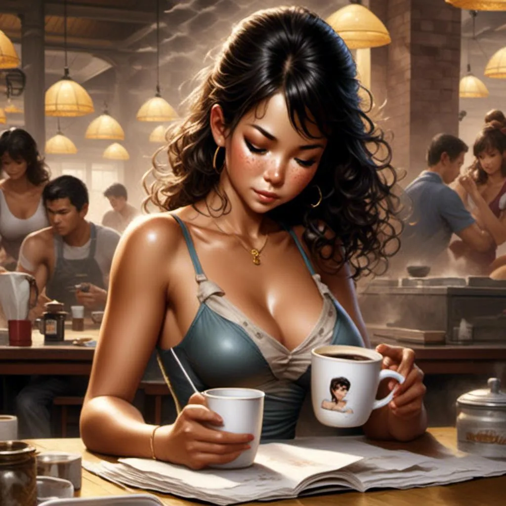 Prompt: <mymodel>A comic book illustration in the style of Peter Hsu of a female barista writing on a paper coffee cup.