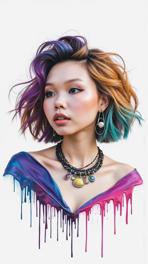 Prompt: a woman with colorful hair and a necklace on her neck and a necklace on her neck, with dripping paint, Anna Dittmann, photorealism, highly detailed digital painting, a photorealistic painting