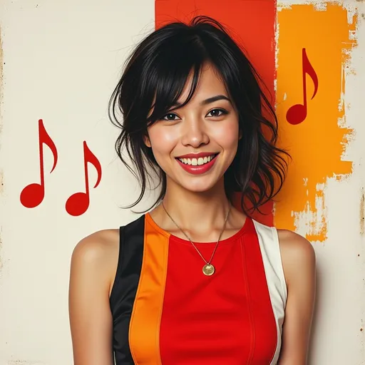 Prompt: <mymodel> Patrick Nagel style, messy black hair, image of a woman's face, bodycon microdress is red and orange and black and white and  yellow.  Floating quarter notes of white and red and orange and yellow in the background and foreground. Background consists of uneven brush strokes in white and red and orange and yellow.