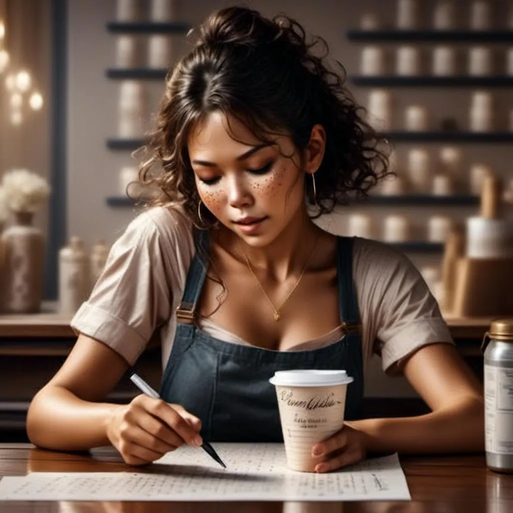 Prompt: <mymodel>woman is working as a barista and writing on a paper cup