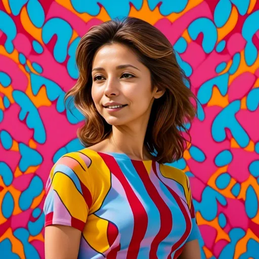 Prompt: <mymodel> Retro jersey dress, pop art background, Peter Max style background.