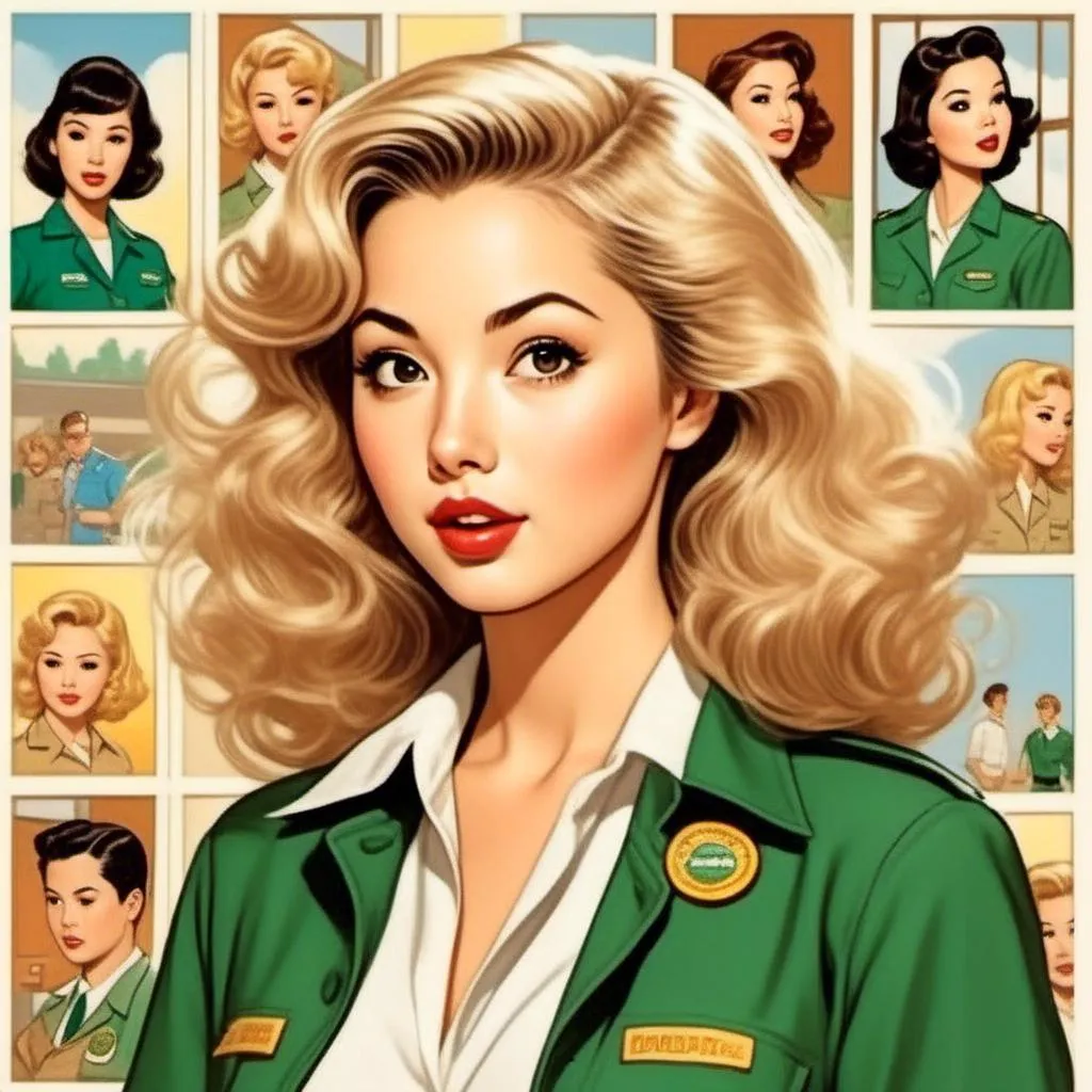 Prompt: <mymodel>A comic book illustration in the style of Peter Hsu of a blonde haired woman wearing a girl scout uniform.
