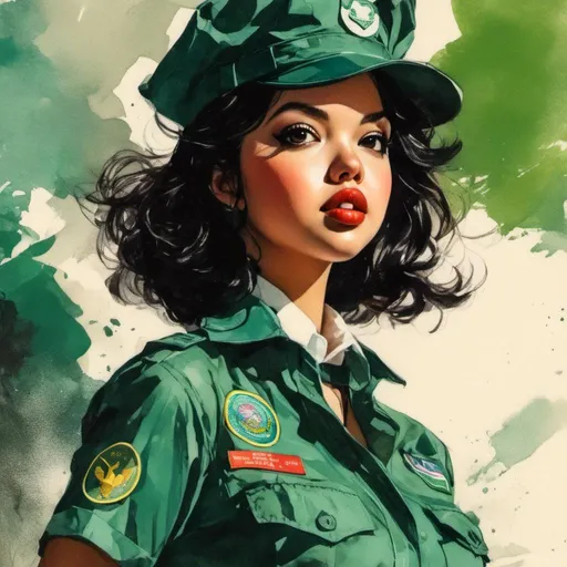 Prompt: <mymodel>Woman wearing a girl scout uniform, comic book illustration in the style of Bill Sienkiewicz.