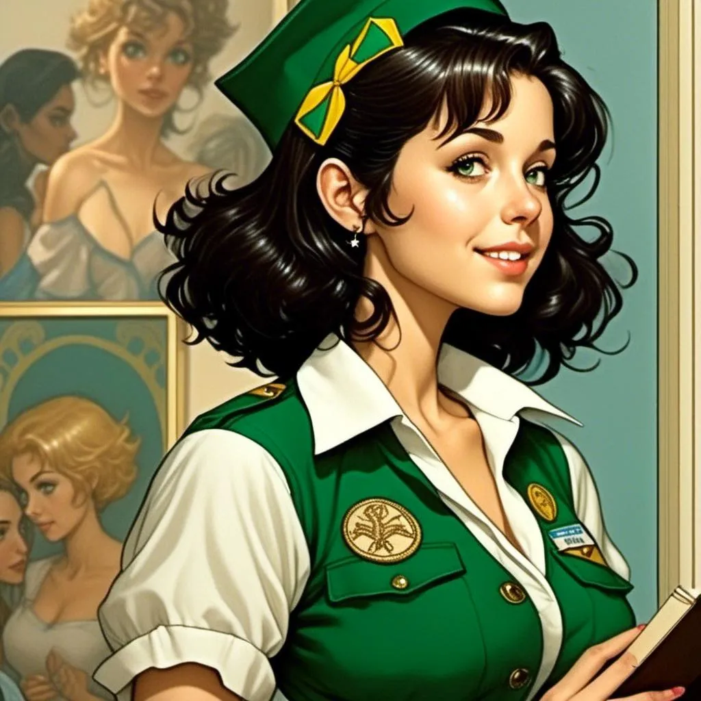 Prompt: <mymodel> Profile of an 18 year old woman wearing a girl scout uniform, comic book illustration in the style of Dave Stevens.