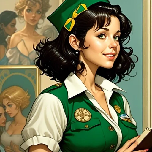 Prompt: <mymodel> Profile of an 18 year old woman wearing a girl scout uniform, comic book illustration in the style of Dave Stevens.