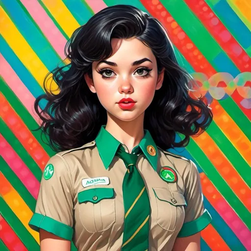 Prompt: <mymodel> Wearing a girl scout uniform.  Peter Max illustration