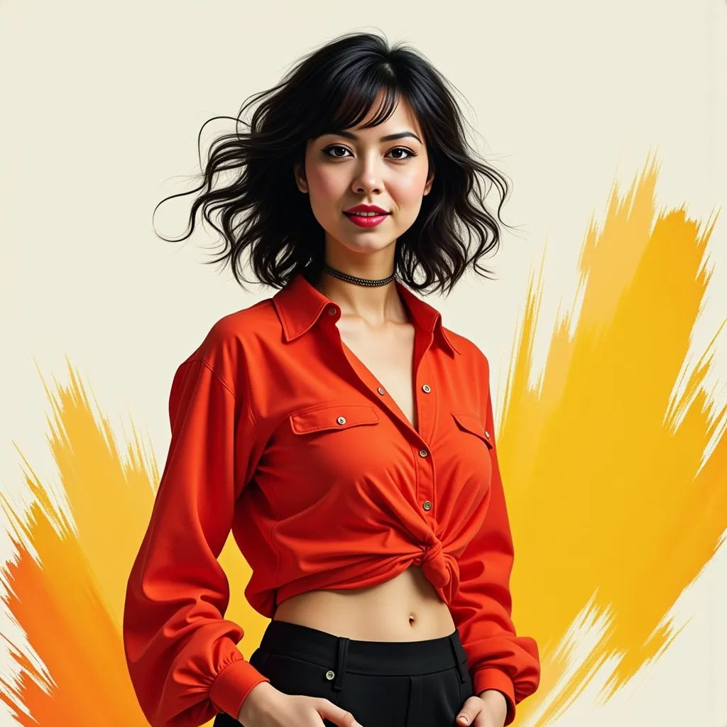 Prompt: <mymodel> Patrick Nagel style, messy black hair, full body image, boho outfit is red and orange and black and white and  yellow.  Floating quarter notes of white and red and orange and yellow in the background and foreground. Background consists of uneven brush strokes in white and red and orange and yellow.