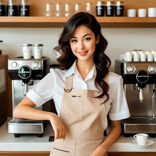 Prompt: <mymodel> Wearing a barista uniform, working the expresso machine at an avante garde cafe.
