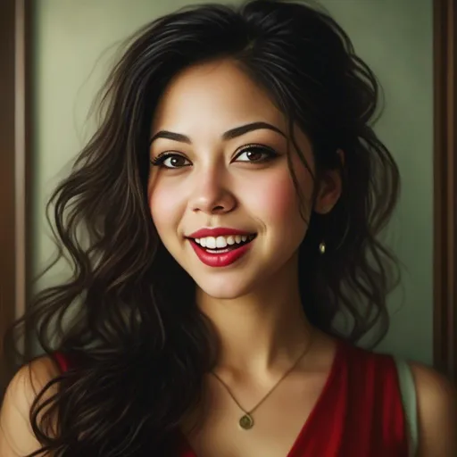 Prompt: <mymodel>woman, oil painting, hyper realistic, high details, full body shot, pinup pose, perfect eyes, perfect hair, beautiful, red dress, muted red lips, dark brown eyes, black hair.