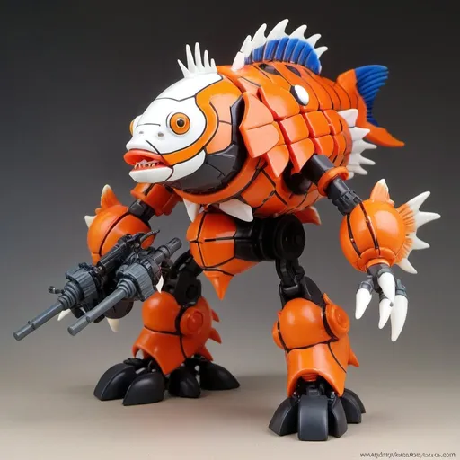 Prompt: A Kotobukiya Zoids model of a weapons heavy clownfish, with brightly colored armor, made entirely of plastic, in the style of Kotobukiya Zoids.