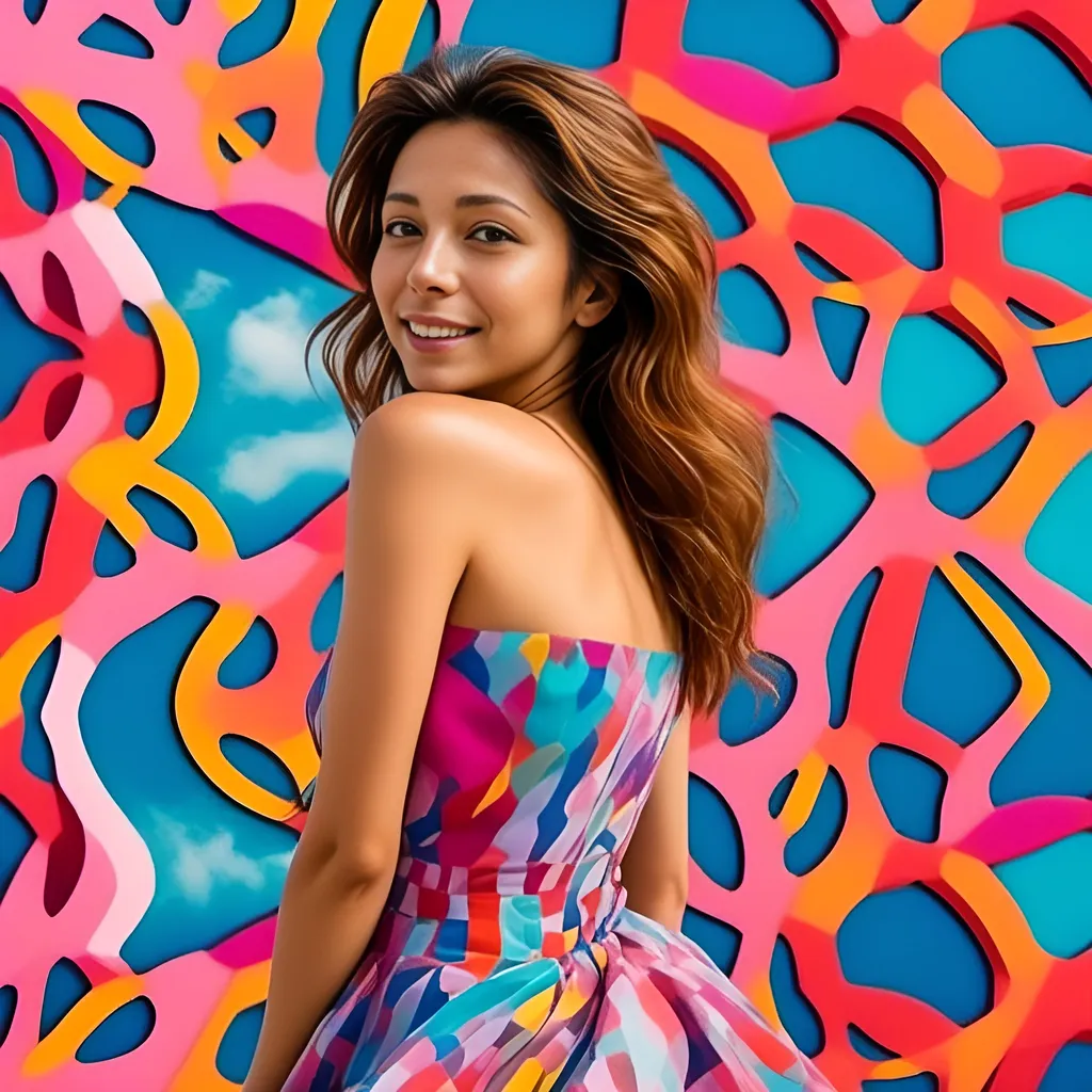 Prompt: <mymodel> Retro mini dress, pop art background, Peter Max style background.