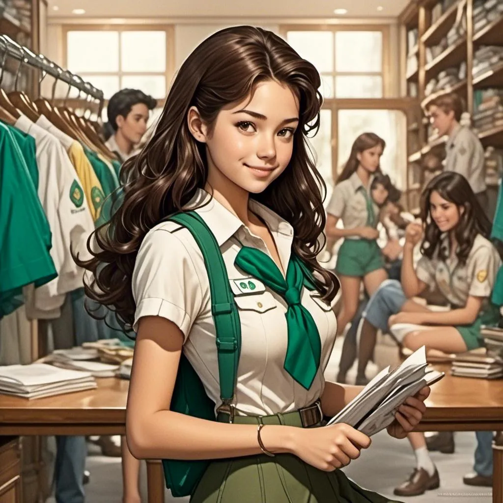 Prompt: <mymodel> Profile of an 18 year old woman wearing a girl scout uniform, comic book illustration in the style of Dave Stevens.