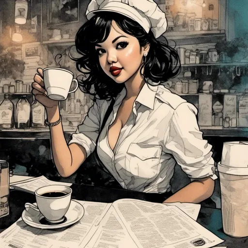 Prompt: <mymodel> A comic book illustration in the style of Bill Sienkiewicz of a female barista writing on a paper coffee cup.