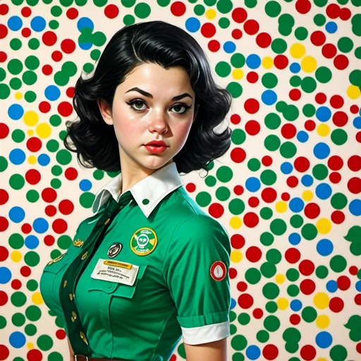Prompt: <mymodel> Wearing a girl scout uniform.  Andy Warhol print