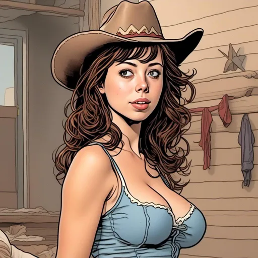 Prompt: <mymodel>comic book image of a woman in a cowgirl outfit, Dave Stevens illustration.
