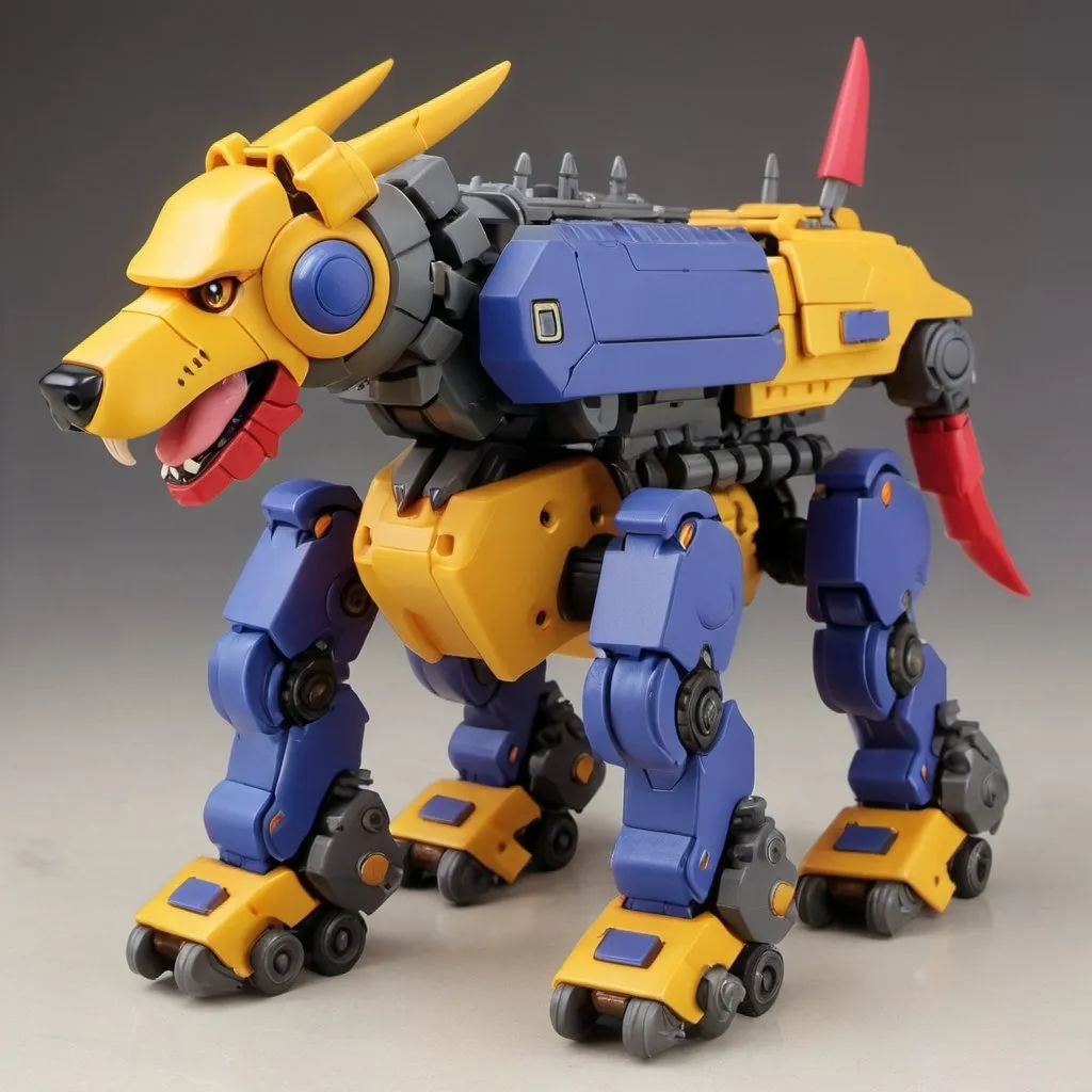 Prompt: A Kotobukiya Zoids model of a weapons heavy Dachshund, with brightly colored armor, made entirely of plastic, in the style of Kotobukiya Zoids.