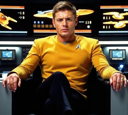 Prompt: a man in a yellow shirt sitting in the captain's chair sitting on the bridge of the USS Enterprise, Bedwyr Williams, de stijl, promotional image, a character portrait