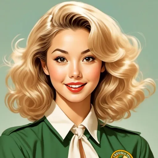 Prompt: <mymodel>A comic book illustration in the style of Peter Hsu of a blonde haired woman wearing a girl scout uniform.
