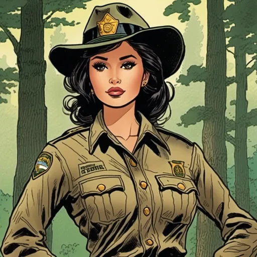 Prompt: <mymodel>comic book image of a woman in a park ranger uniform, Dave Stevens illustration.