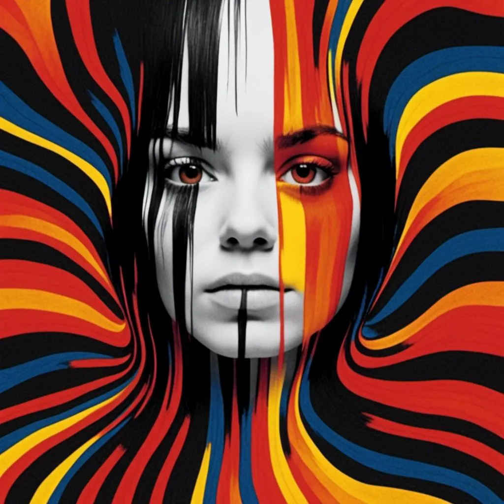 Prompt: <mymodel> Vapowave style, messy black hair, image of a woman's face using only black, white, red, orange, and yellow.