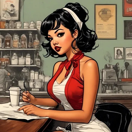 Prompt: <mymodel> A comic book illustration in the style of Dave Stevens of a female barista writing on a paper coffee cup.
