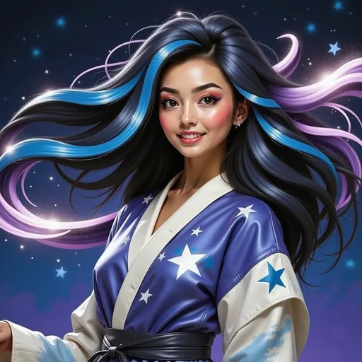 Prompt: mad-mdrnmnmlsm painting of a cyberpunk woman wearing a white and blue leather kimono in front of a sparkling stylized stars, long black hair, flowing hair, windblown hair, smiling, paint splashes, outrun, black and purple night sky <lora:modern-minimalism-flux:1.0> brush_stroke