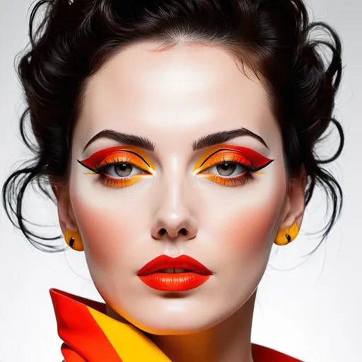 Prompt: Patrick Nagel style, image of a woman's face using only black, white, red, orange, and yellow.