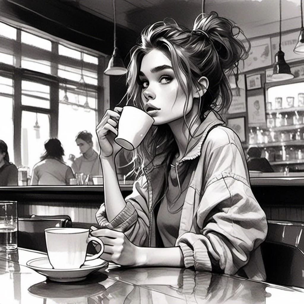 Prompt: <mymodel>black and white ink sketch of woman drinking tea at a cafe. Hair up in a messy bun, loose bun, wavy hair