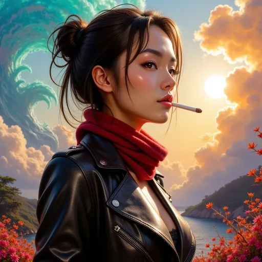 Prompt: A hyper-detailed mid-shot digital illustration in the distinct Matt Miller art style of a bold and striking woman Yakuza member. Her sharp, commanding expression contrasts with her effortlessly cool stance as she wears a glossy black leather biker jacket, every crease and shine intricately highlighted, paired with a deep crimson scarf draped stylishly over her neck and shoulder. A cigarette rests between her lips, its smoke swirling upward in dynamic, flowing patterns that morph into surreal, abstract shapes—ribbons of energy and fragmented symbols that seamlessly dissolve into the fantastical background. The setting bursts with vivid Matt Miller-esque vibrancy: an abstract landscape of swirling, layered hues in electric blue, neon green, fiery orange, deep violet, and luminous gold. Lush, painterly vegetation frames the figure with exaggerated curves and flowing movement. Above, a radiant sun casts glowing streaks of light, illuminating soft, fluffy clouds that ripple with pastel undertones and diffuse into the surreal sky. Light glares and overlapping patterns give the entire scene a dreamlike depth, with bold contrasts and artistic texture making the illustration a visually stunning fusion of reality and surrealism.