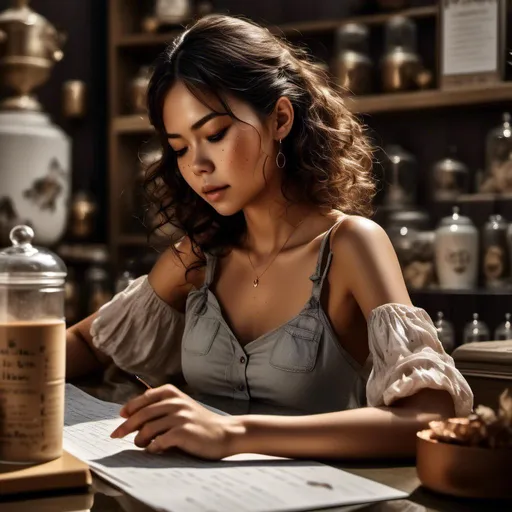 Prompt: <mymodel>woman is working as a barista and writing on a paper cup