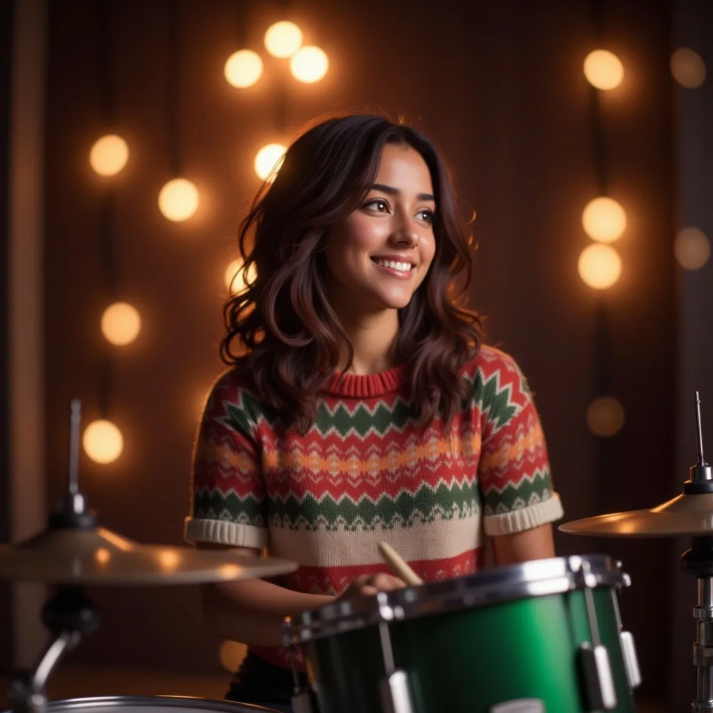 Prompt:  a woman playing drums in a dark room with christmas lights on the wall behind her, dark brown hair, red and green and white knit sweater, green and white and red drums, Claire Dalby, art photography, girl, a stock photo  