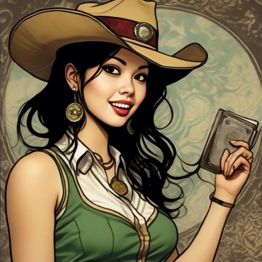 Prompt: <mymodel>comic book image of a woman in a cowboy hat and cowgirl outfit, Dave Stevens illustration.