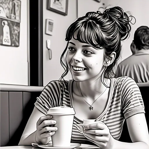 Prompt: <mymodel>black and white ink sketch of woman drinking tea at a cafe. Hair up in a messy bun, loose bun with swept bangs, 90s hairstyle.
