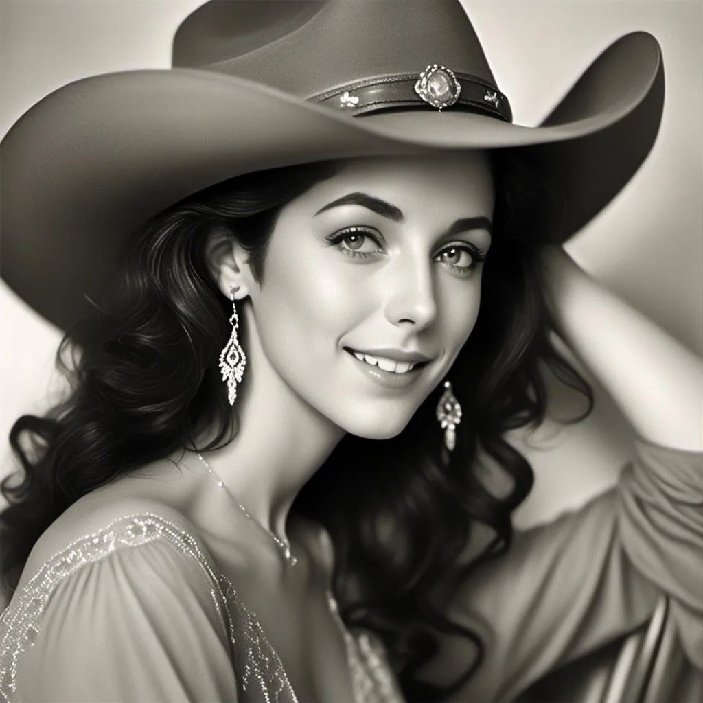 Prompt: <mymodel>Wearing a (((Stetson style cowboy hat))) and a cowgirl outift. head shot. brunette.