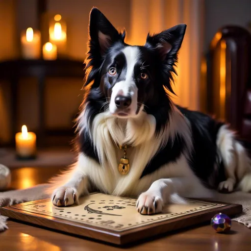 Prompt: <mymodel>A dog with both front paws on a Ouija board.