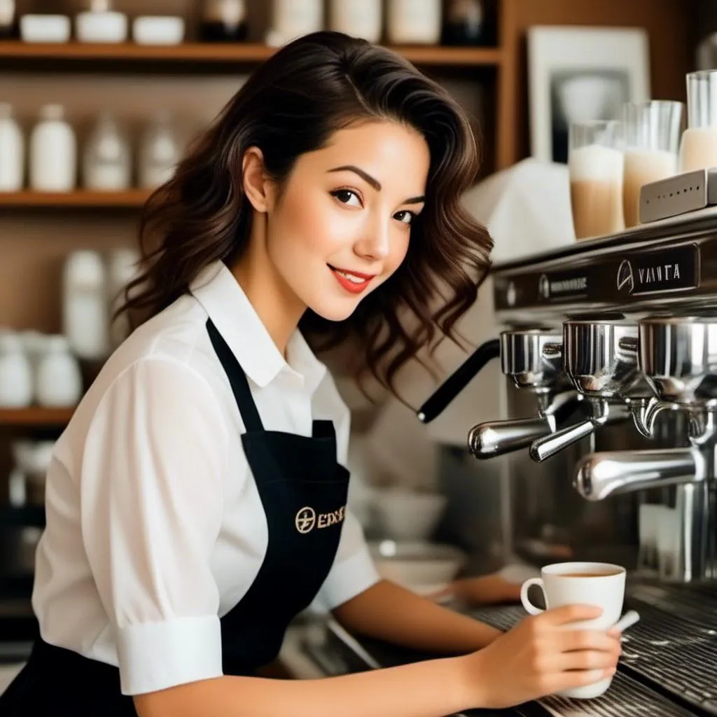 Prompt: <mymodel> Wearing a barista uniform, working the expresso machine at an avante garde cafe.
