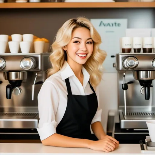 Prompt: <mymodel> Blonde haired, smiling, wearing a barista uniform, working the expresso machine at an avante garde cafe.
