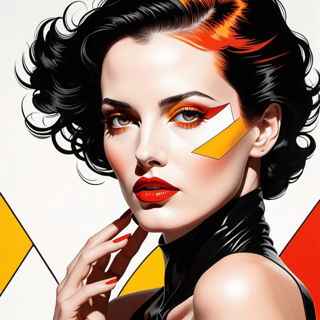 Prompt: Patrick Nagel style, image of a woman using only black, white, red, orange, and yellow.